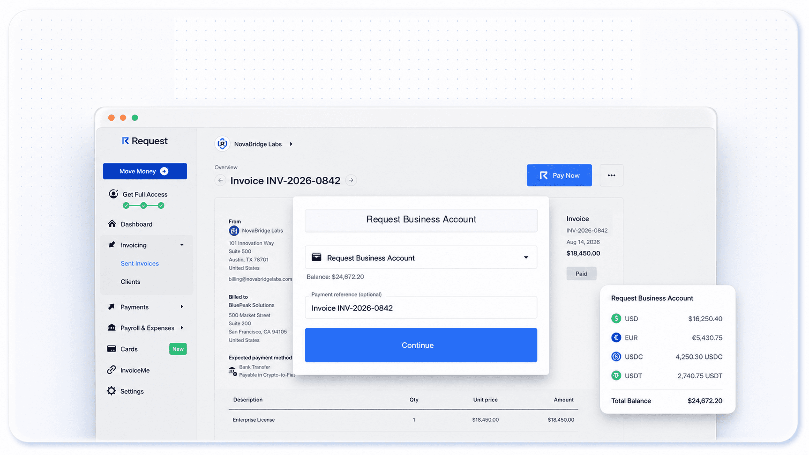 Request Finance business account showing money in and out across fiat and stablecoins